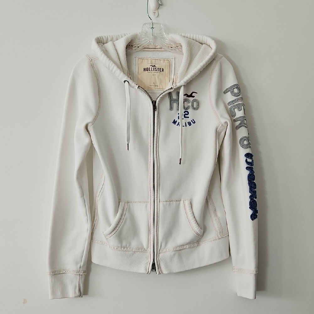 Hollister Malibu Pier 8 Breakers Cream White Hoodie Y2K Distressed Size‎ Large